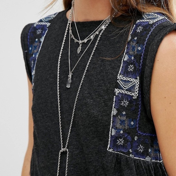 Free People Marcy Tank Charcoal Gray Blue Embroidered Details Boho Shirt Sz SM - Picture 2 of 14